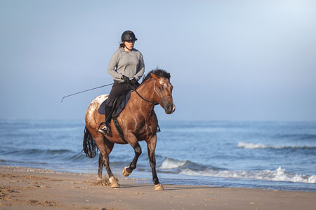 Cavalière montant son cheval à la plage de Deauville