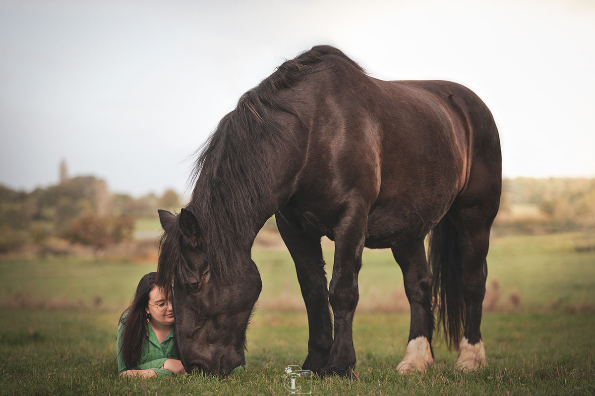 Cavalière à côté de son cheval noir dans un pré