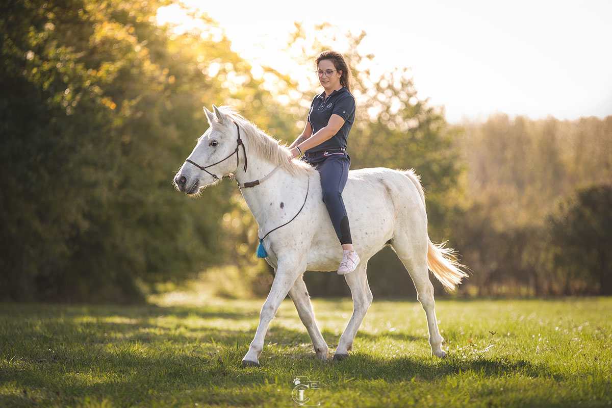 femme allongée devant son cheval percheron dans un pré