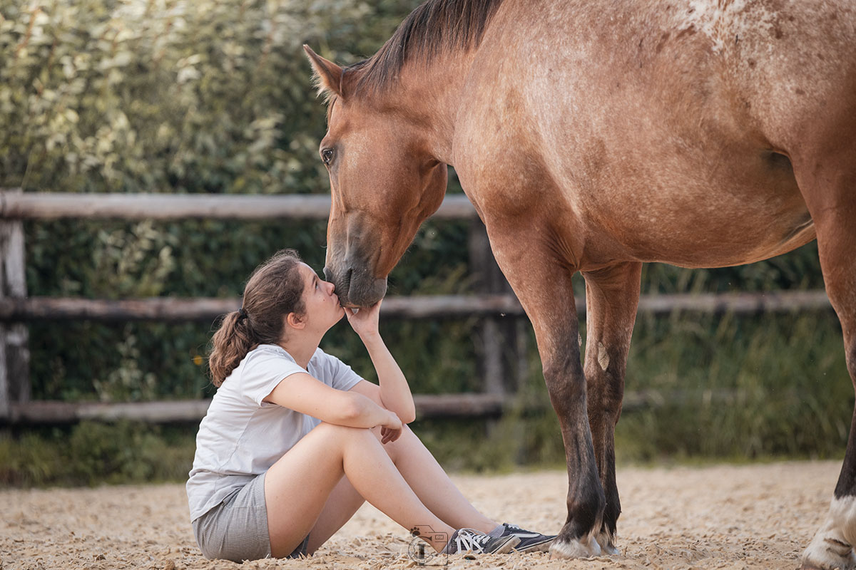 Cavalière assise qui fait un bisous à son cheval en carrière