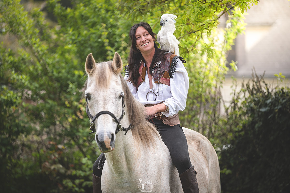 cavalière sur son cheval gris dans un pré