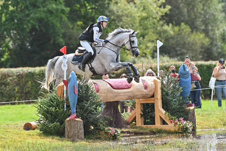 Cavalière suédoise et son cheval gris franchissant un obstacle lors du cross du Lion d'Angers