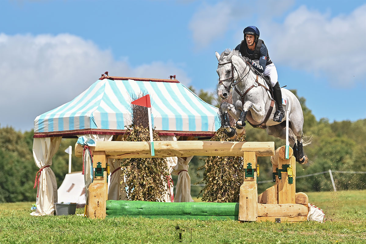 Cavalier et son cheval gris franchissant un obstacle lors d'un cross