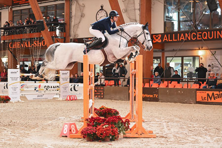 Cavalier et son cheval gros en survol d'un obstacle de cso en manège au Boulerie Jump