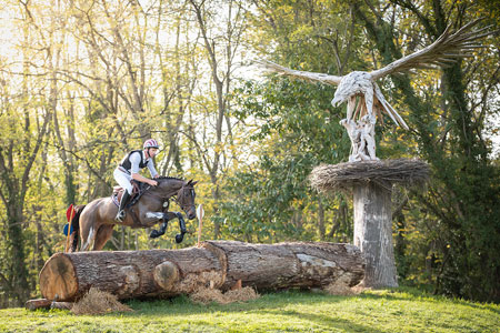 Cavalier sautant un obstacle surmonté d'un aigle en bois lors du cross du Lion d'Angers