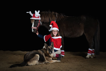 Poney portant un bonnet de noël avec une jeune fille et son chien, fond noir